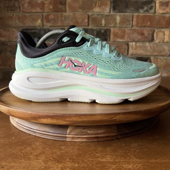 Hoka Bondi 9 Max Cushion Womens 7 Wide Green Pink Road Running Shoes Sneakers - Picture 11 of 16
